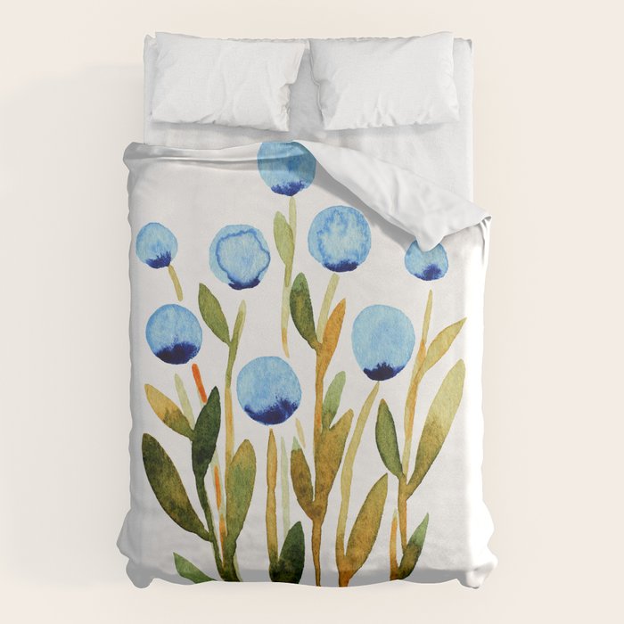 Simple watercolor flowers - blue and sap green Duvet Cover Gallery Image 6