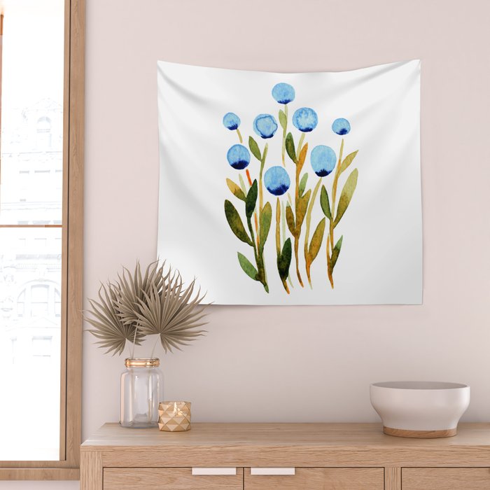 Simple watercolor flowers - blue and sap green Wall Tapestry Gallery Image 2