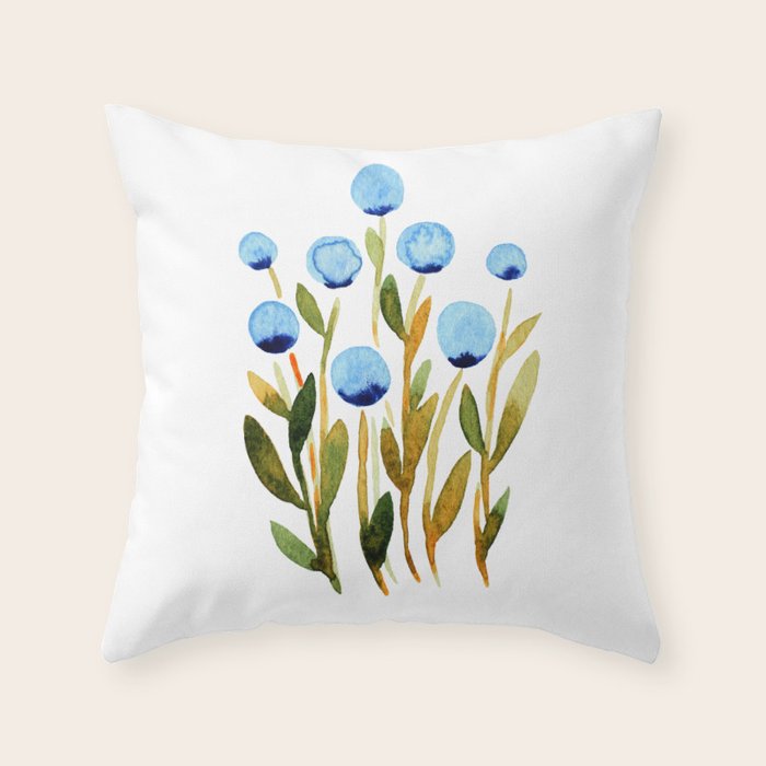 Simple watercolor flowers - blue and sap green Throw Pillow Gallery Image 6
