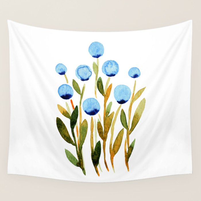 Simple watercolor flowers - blue and sap green Wall Tapestry Gallery Image 4