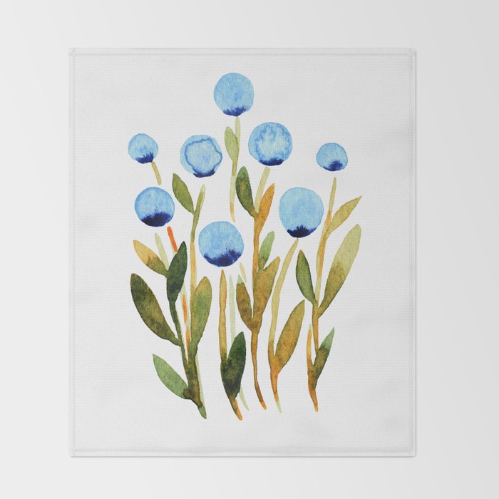 Simple watercolor flowers - blue and sap green Throw Blanket Gallery Image 2