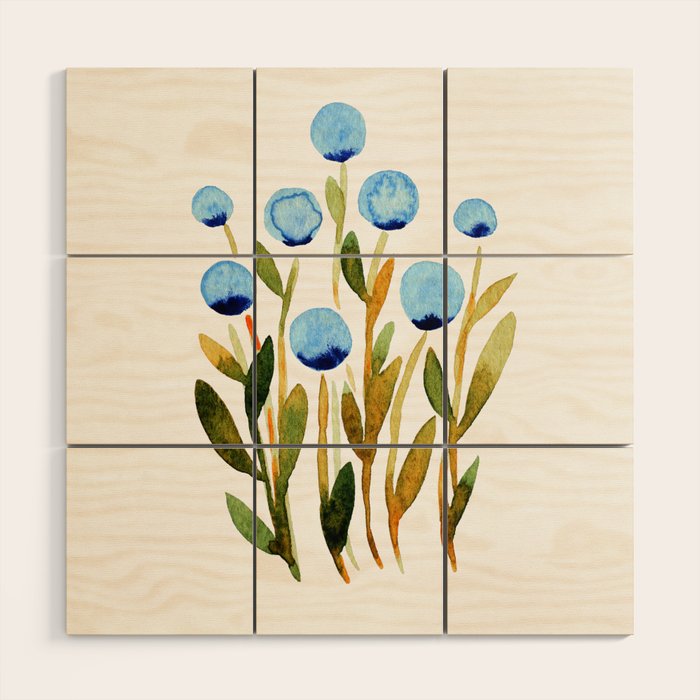 Simple watercolor flowers - blue and sap green Wood Wall Art Gallery Image 1