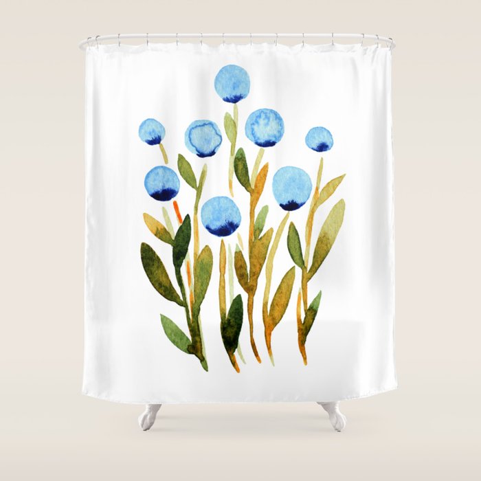 Simple watercolor flowers - blue and sap green Shower Curtain Gallery Image 1