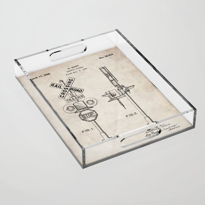 Railroad Crossing Patent - Train Crossing Art - Antique Acrylic Tray Gallery Image 1