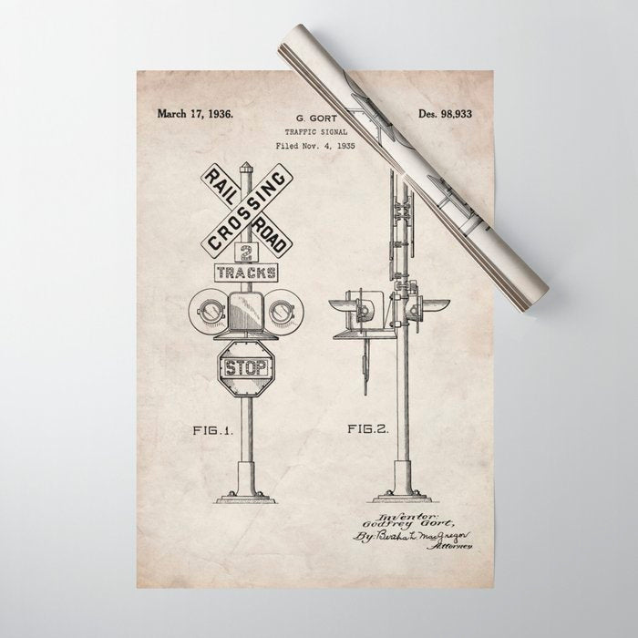 Railroad Crossing Patent - Train Crossing Art - Antique Wrapping Paper Gallery Image 1