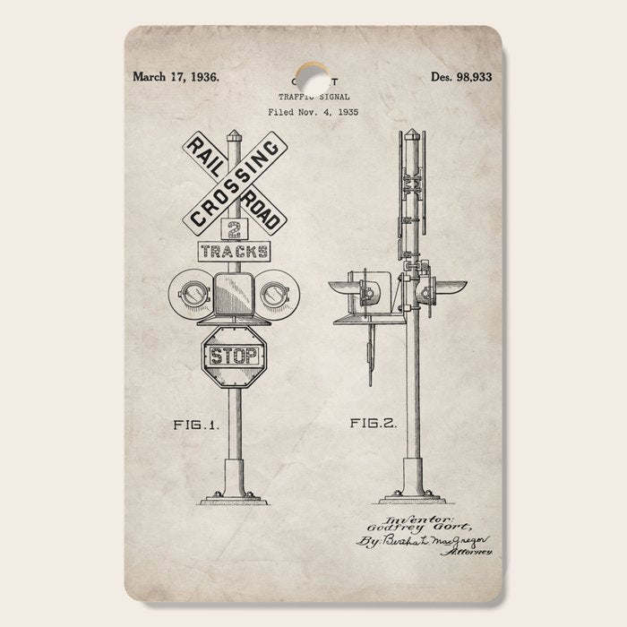 Railroad Crossing Patent - Train Crossing Art - Antique Cutting Board Gallery Image 1