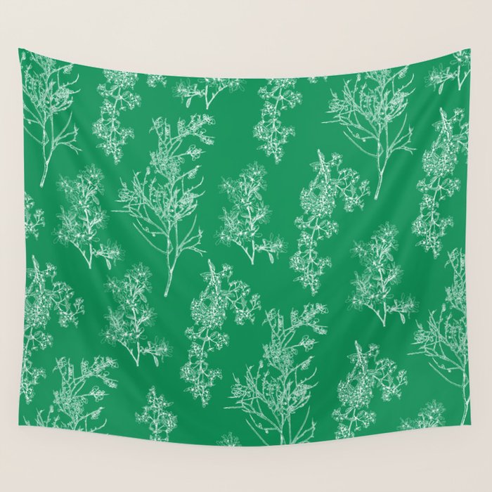 Botanical Cottage Floral Pattern in Kelly Green and White Wall Tapestry Gallery Image 1