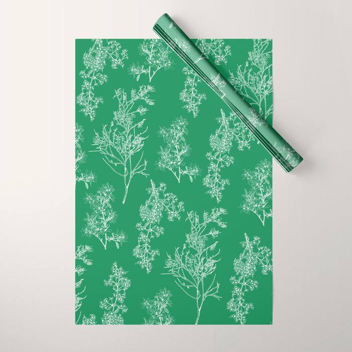 Botanical Cottage Floral Pattern in Kelly Green and White Wrapping Paper Gallery Image 1