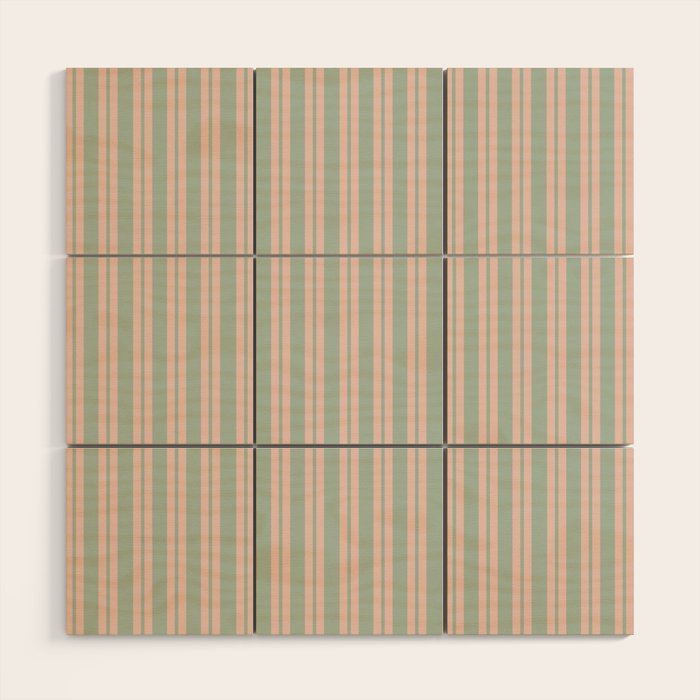 Classic Retro Double Stripe Pattern in Pale Blush and Light Celadon Green Wood Wall Art Gallery Image 1