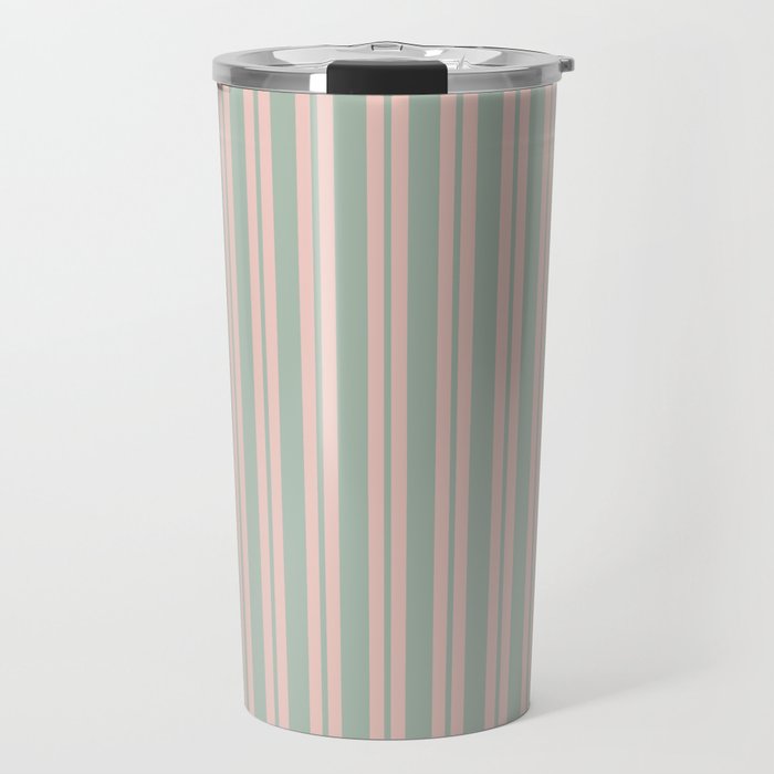 Classic Retro Double Stripe Pattern in Pale Blush and Light Celadon Green Travel Mug Gallery Image 1