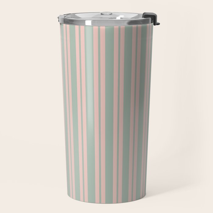 Classic Retro Double Stripe Pattern in Pale Blush and Light Celadon Green Travel Mug Gallery Image 2