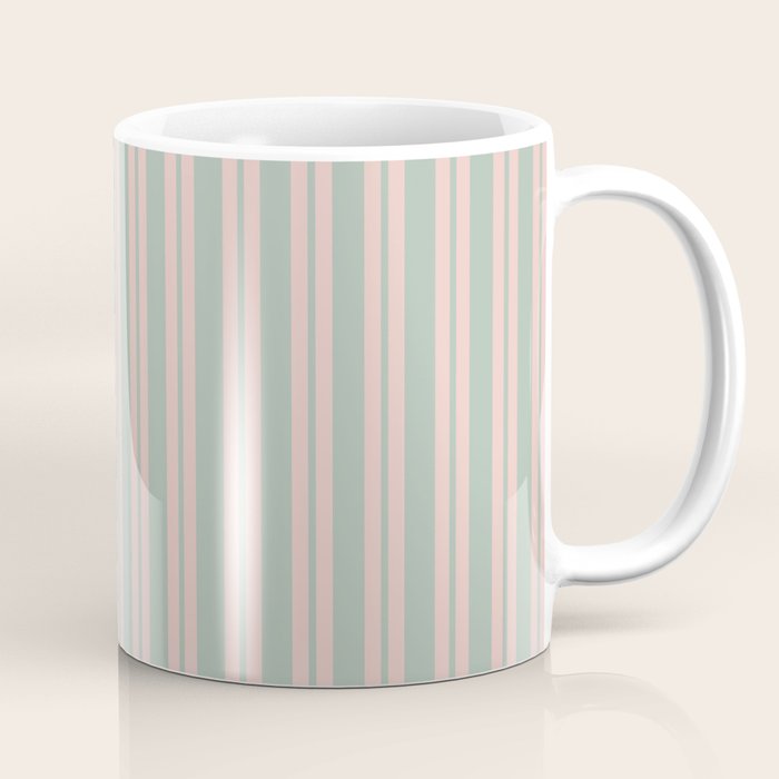Classic Retro Double Stripe Pattern in Pale Blush and Light Celadon Green Coffee Mug Gallery Image 1