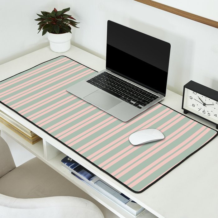 Classic Retro Double Stripe Pattern in Pale Blush and Light Celadon Green Desk Mat Gallery Image 2