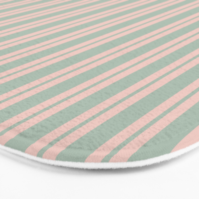 Classic Retro Double Stripe Pattern in Pale Blush and Light Celadon Green Bath Mat Gallery Image 3