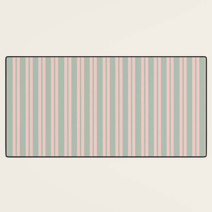 Classic Retro Double Stripe Pattern in Pale Blush and Light Celadon Green Desk Mat Gallery Image 3