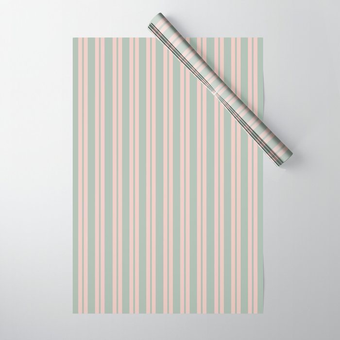 Classic Retro Double Stripe Pattern in Pale Blush and Light Celadon Green Wrapping Paper Gallery Image 1