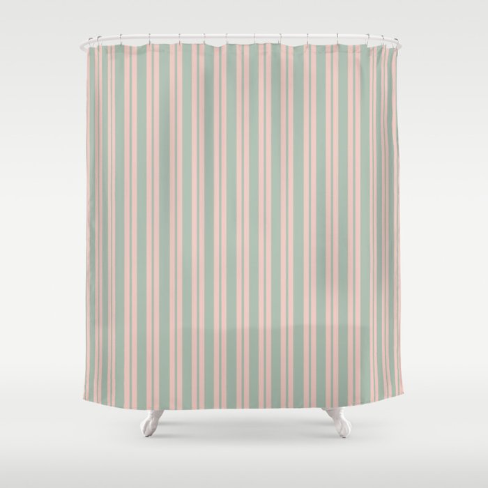 Classic Retro Double Stripe Pattern in Pale Blush and Light Celadon Green Shower Curtain Gallery Image 1