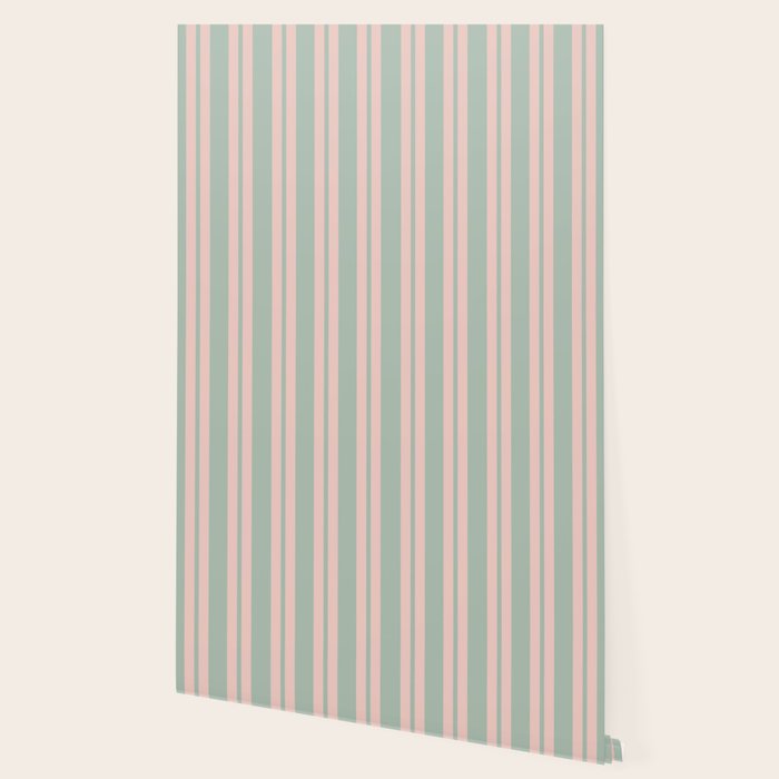 Classic Retro Double Stripe Pattern in Pale Blush and Light Celadon Green Wallpaper Gallery Image 2