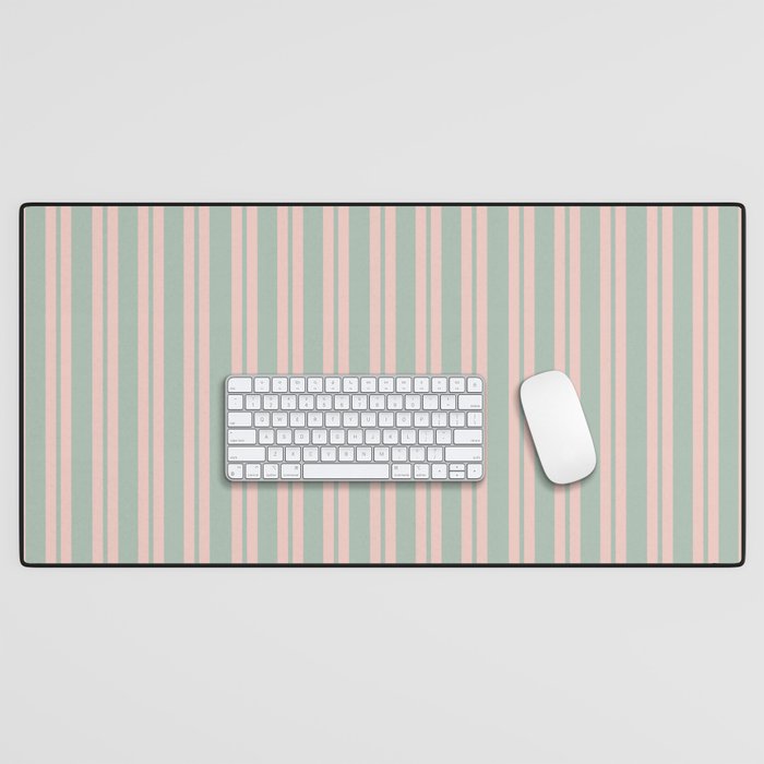 Classic Retro Double Stripe Pattern in Pale Blush and Light Celadon Green Desk Mat Gallery Image 1