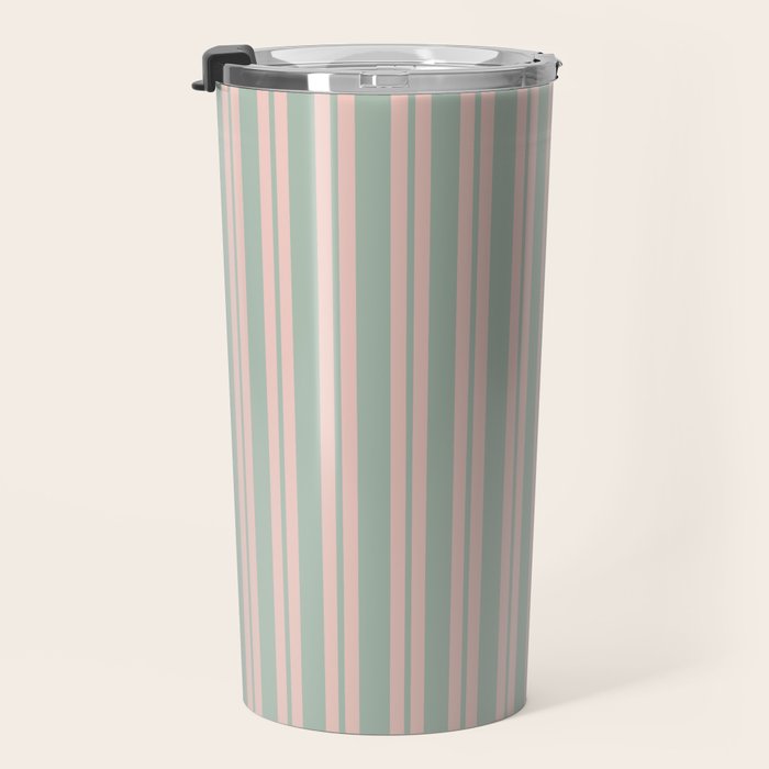 Classic Retro Double Stripe Pattern in Pale Blush and Light Celadon Green Travel Mug Gallery Image 3