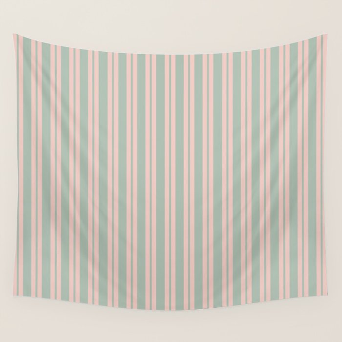 Classic Retro Double Stripe Pattern in Pale Blush and Light Celadon Green Wall Tapestry Gallery Image 1