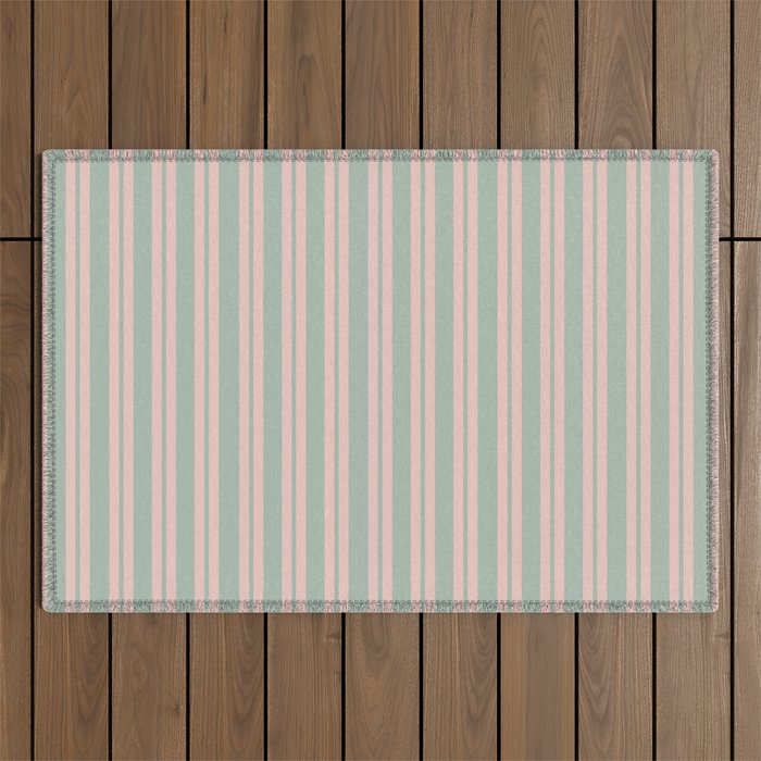 Classic Retro Double Stripe Pattern in Pale Blush and Light Celadon Green Outdoor Rug Gallery Image 1