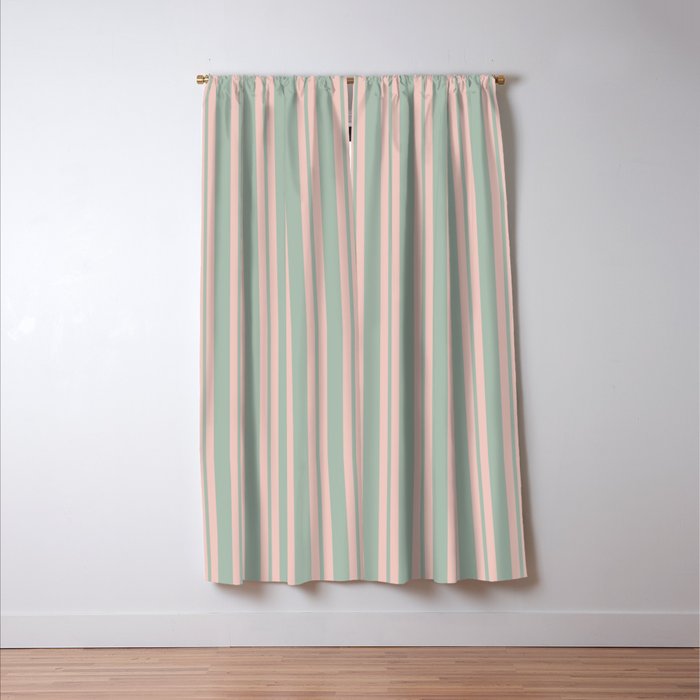 Classic Retro Double Stripe Pattern in Pale Blush and Light Celadon Green Window Curtain Gallery Image 3