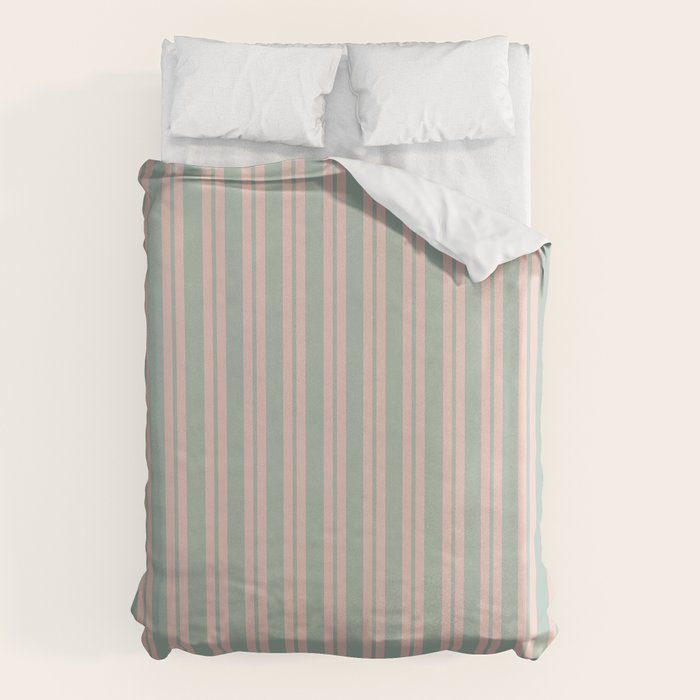 Classic Retro Double Stripe Pattern in Pale Blush and Light Celadon Green Duvet Cover Gallery Image 1