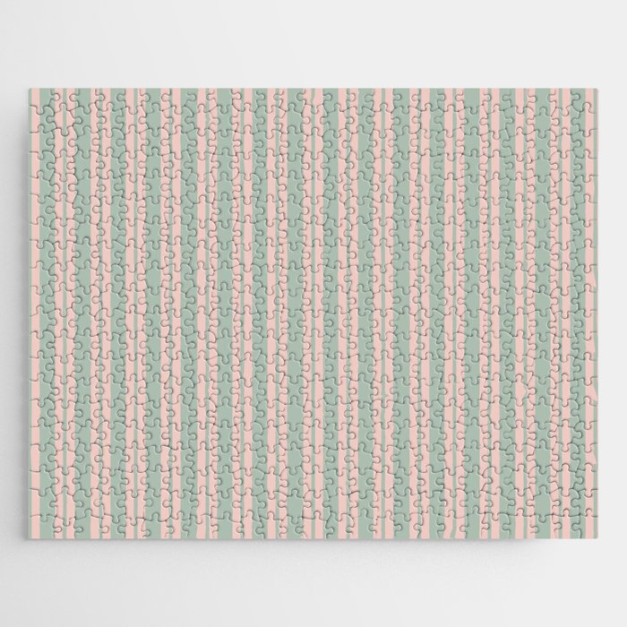Classic Retro Double Stripe Pattern in Pale Blush and Light Celadon Green Jigsaw Puzzle Gallery Image 1