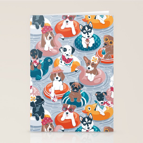 Summer pool pawty // pastel blue background dog breeds in vacations playing on swimming pool floats // Labrador beagle dachshund jack Russell Dalmatian welsh corgi pug greyhound basset hound husky  Stationery Card Gallery Image 1