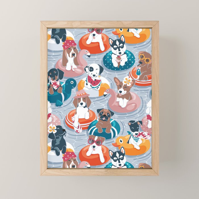 Summer pool pawty // pastel blue background dog breeds in vacations playing on swimming pool floats // Labrador beagle dachshund jack Russell Dalmatian welsh corgi pug greyhound basset hound husky  Mini Art Print Gallery Image 1