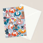 Summer pool pawty // pastel blue background dog breeds in vacations playing on swimming pool floats // Labrador beagle dachshund jack Russell Dalmatian welsh corgi pug greyhound basset hound husky  Stationery Card Gallery Image 2