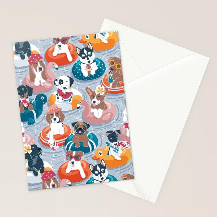 Summer pool pawty // pastel blue background dog breeds in vacations playing on swimming pool floats // Labrador beagle dachshund jack Russell Dalmatian welsh corgi pug greyhound basset hound husky  Stationery Card Gallery Image 2