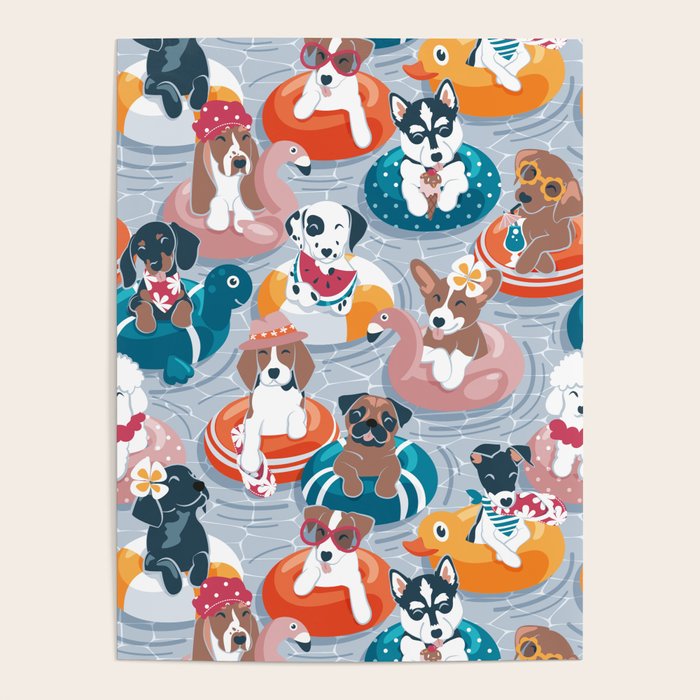 Summer pool pawty // pastel blue background dog breeds in vacations playing on swimming pool floats // Labrador beagle dachshund jack Russell Dalmatian welsh corgi pug greyhound basset hound husky  Poster Gallery Image 4