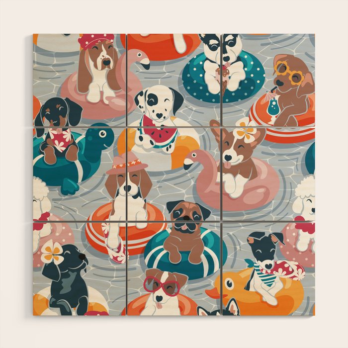 Summer pool pawty // pastel blue background dog breeds in vacations playing on swimming pool floats // Labrador beagle dachshund jack Russell Dalmatian welsh corgi pug greyhound basset hound husky  Wood Wall Art Gallery Image 1