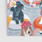 Summer pool pawty // pastel blue background dog breeds in vacations playing on swimming pool floats // Labrador beagle dachshund jack Russell Dalmatian welsh corgi pug greyhound basset hound husky  Poster Gallery Image 3