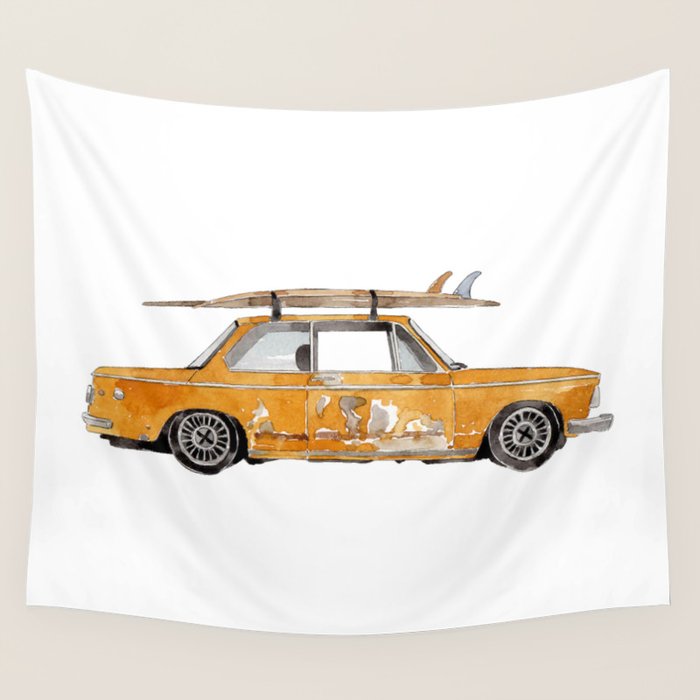 Old Yellow surf car Wall Tapestry Gallery Image 1