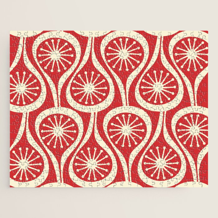 Mid Century Modern Atomic Drops Pattern in Retro Christmas Red and Cream Jigsaw Puzzle Gallery Image 1