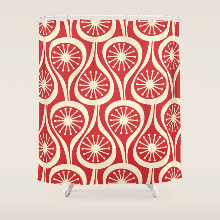 Mid Century Modern Atomic Drops Pattern in Retro Christmas Red and Cream Shower Curtain Gallery Image 1