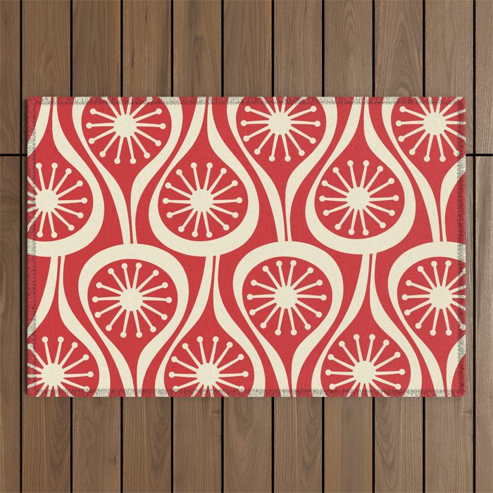 Mid Century Modern Atomic Drops Pattern in Retro Christmas Red and Cream Outdoor Rug Gallery Image 1