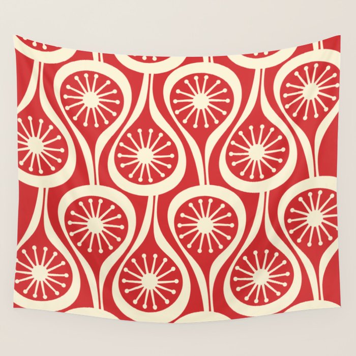 Mid Century Modern Atomic Drops Pattern in Retro Christmas Red and Cream Wall Tapestry Gallery Image 4