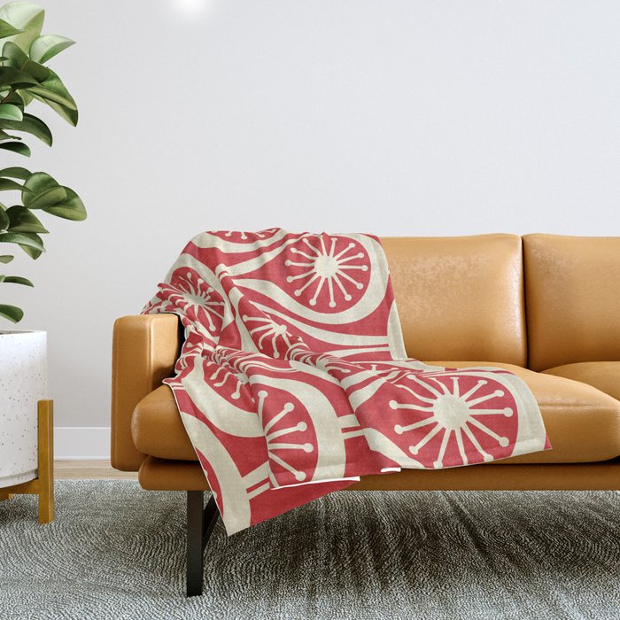 Mid Century Modern Atomic Drops Pattern in Retro Christmas Red and Cream Throw Blanket Gallery Image 1