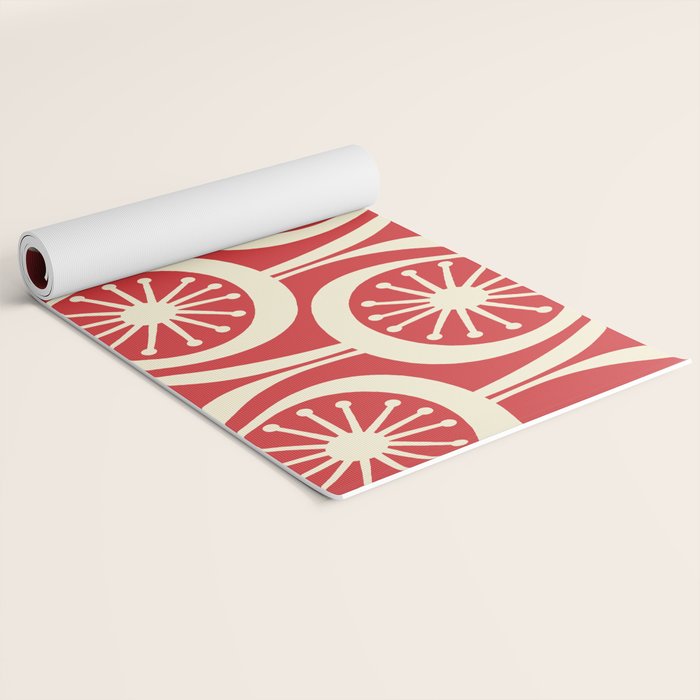 Mid Century Modern Atomic Drops Pattern in Retro Christmas Red and Cream Yoga Mat Gallery Image 2