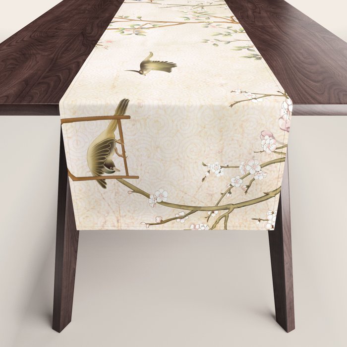 Chinoiserie Cherry Blossom Bird Garden Fresco Table Runner Gallery Image 1