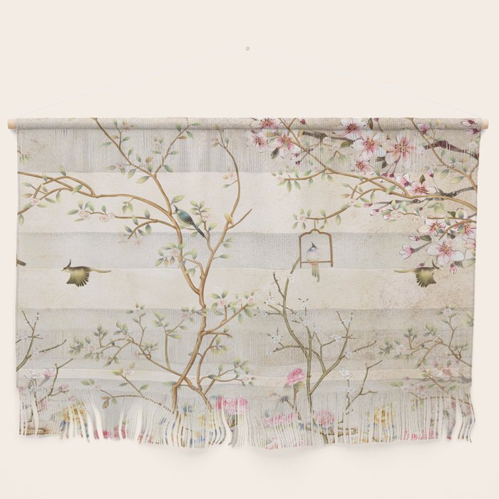 Chinoiserie Cherry Blossom Bird Garden Fresco Wall Hanging Gallery Image 1