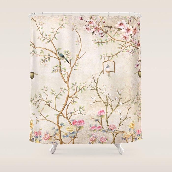Chinoiserie Cherry Blossom Bird Garden Fresco Shower Curtain Gallery Image 1