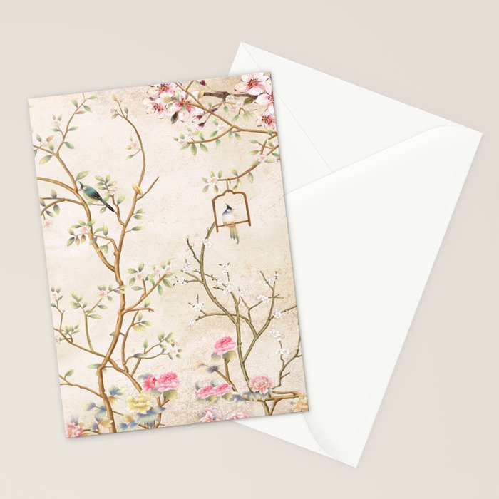 Chinoiserie Cherry Blossom Bird Garden Fresco Stationery Card Gallery Image 2