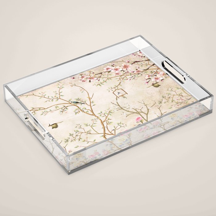 Chinoiserie Cherry Blossom Bird Garden Fresco Acrylic Tray Gallery Image 1