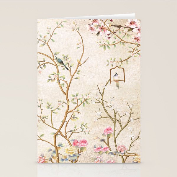 Chinoiserie Cherry Blossom Bird Garden Fresco Stationery Card Gallery Image 2