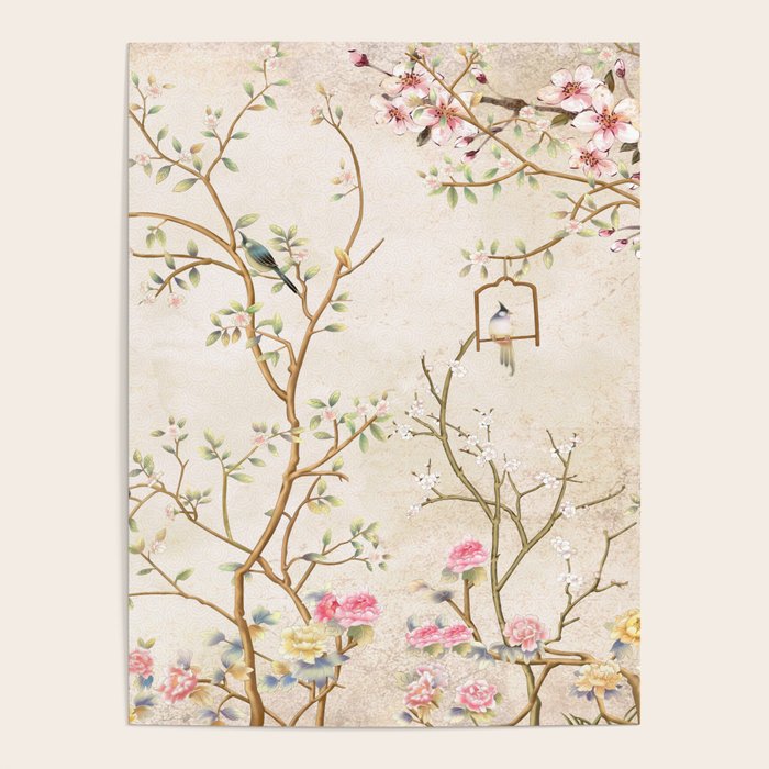 Chinoiserie Cherry Blossom Bird Garden Fresco Poster Gallery Image 4